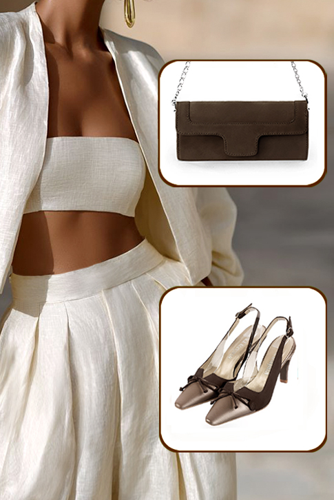 Dress slingback bow heels in antique gold and dark brown leather with high slim heels and tapered toe - Worn view